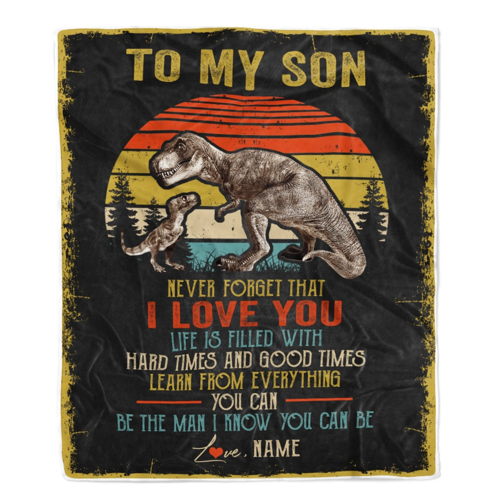 Personalized To My Son Blanket From Dad Mom Father Never Forget I Love You Vintage T-Rex Dinosaur Son Birthday Christmas Customized Fleece Throw Blanket | siriusteestore