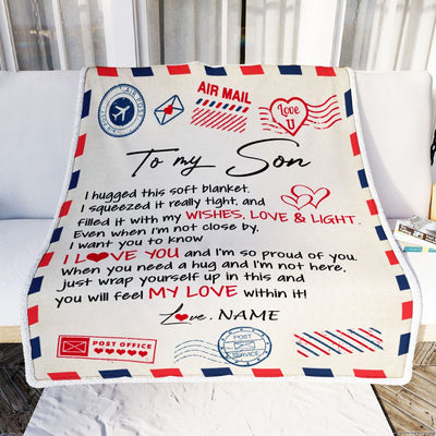 Personalized To My Son Blanket From Mom Dad Air Mail Letter I Love You Son Birthday Graduation Christmas Customized Fleece Throw Blanket | siriusteestore