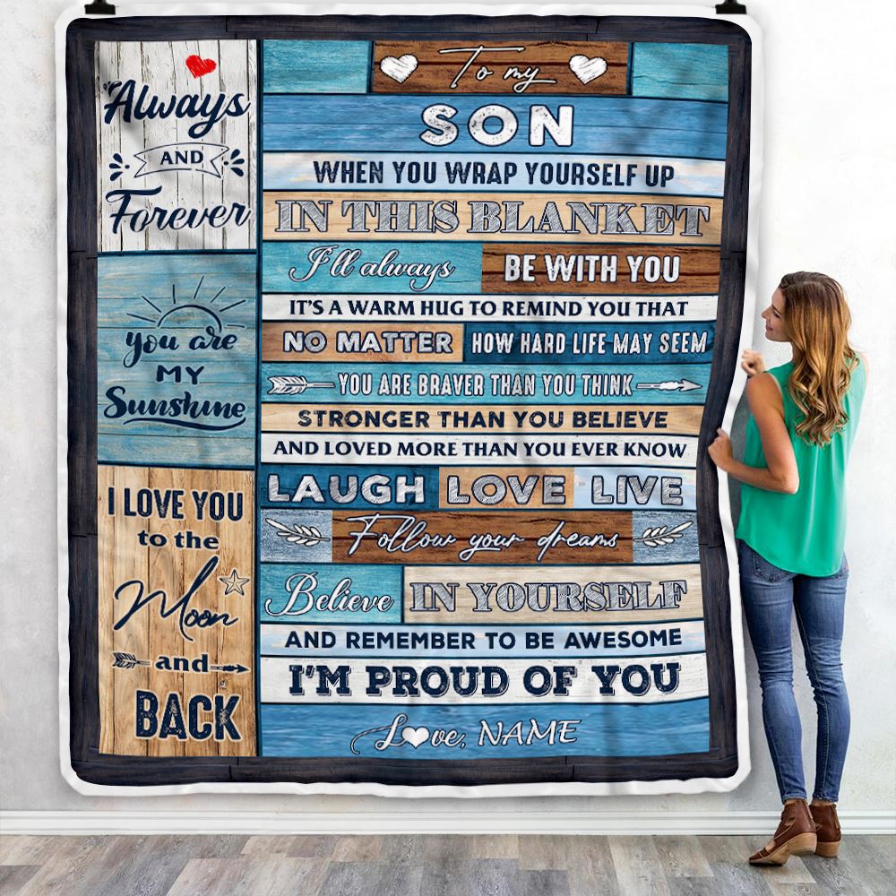 Personalized To My Son Blanket From Mom Dad Believe in Yourself Wood Son Birthday Graduation Christmas Customized Bed Quilt Fleece Throw Blanket | siriusteestore