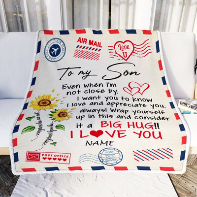 Personalized To My Son Blanket From Mom Dad Love Big Hug Air Mail Letter Sunflower Son Birthday Graduation Christmas Customized Fleece Throw Blanket | siriusteestore