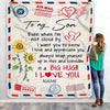 Personalized To My Son Blanket From Mom Dad Love Big Hug Air Mail Letter Sunflower Son Birthday Graduation Christmas Customized Fleece Throw Blanket | siriusteestore