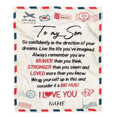 Personalized To My Son Blanket From Mom Dad Mother Air Mail Letter Confidently I Love You Son Birthday Graduation Christmas Customized Fleece Throw Blanket | siriusteestore