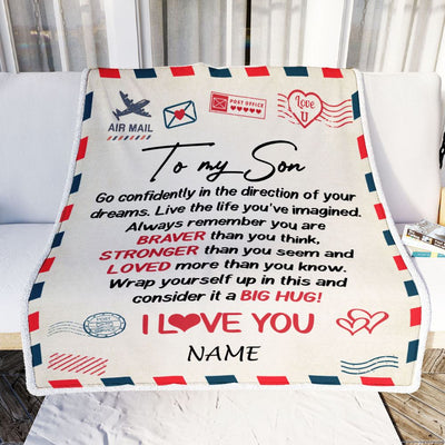 Personalized To My Son Blanket From Mom Dad Mother Air Mail Letter Confidently I Love You Son Birthday Graduation Christmas Customized Fleece Throw Blanket | siriusteestore
