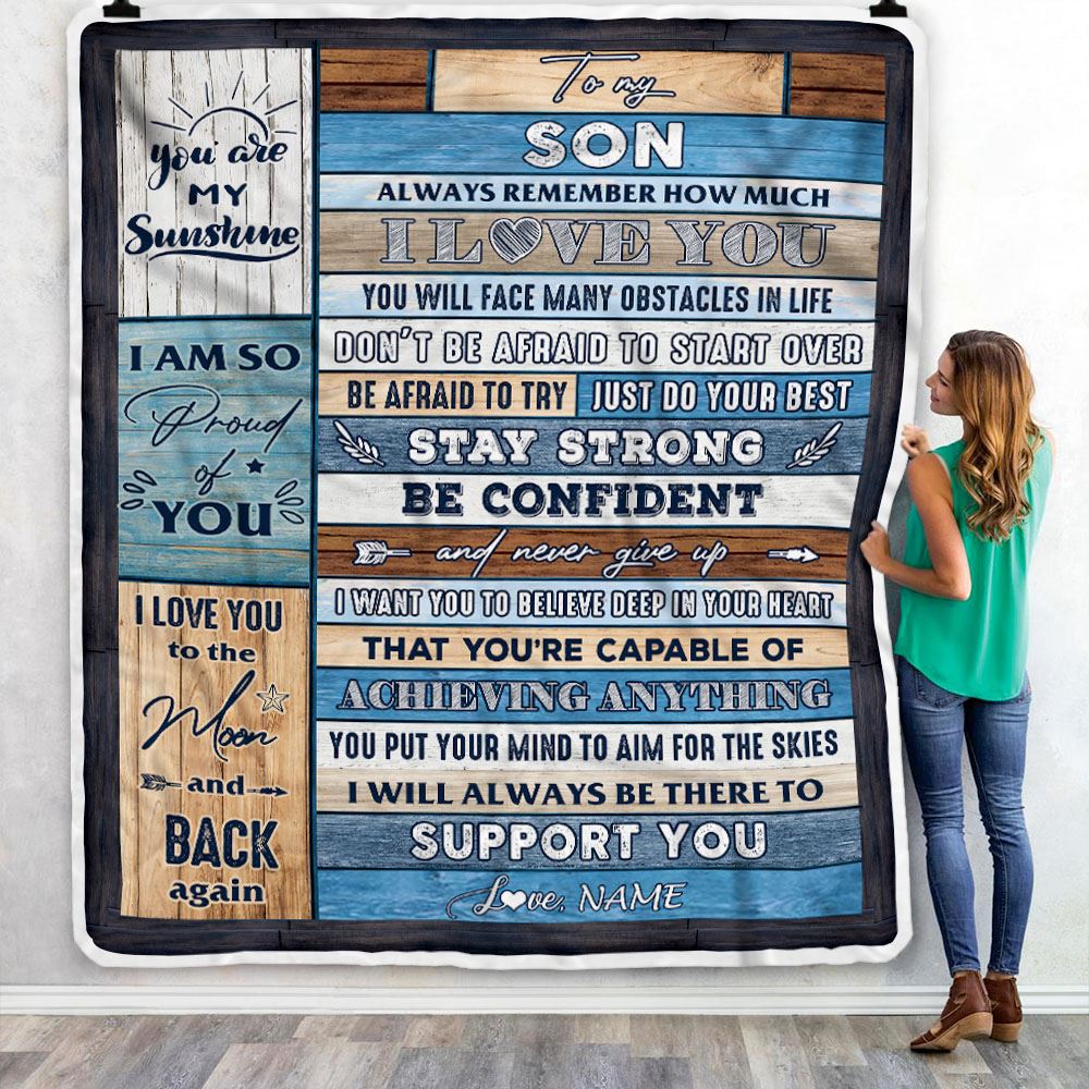 Personalized To My Son Blanket From Mom Dad Mother Wood How Much I Love You Son Birthday Travel Graduation Christmas Customized Fleece Throw Blanket | siriusteestore