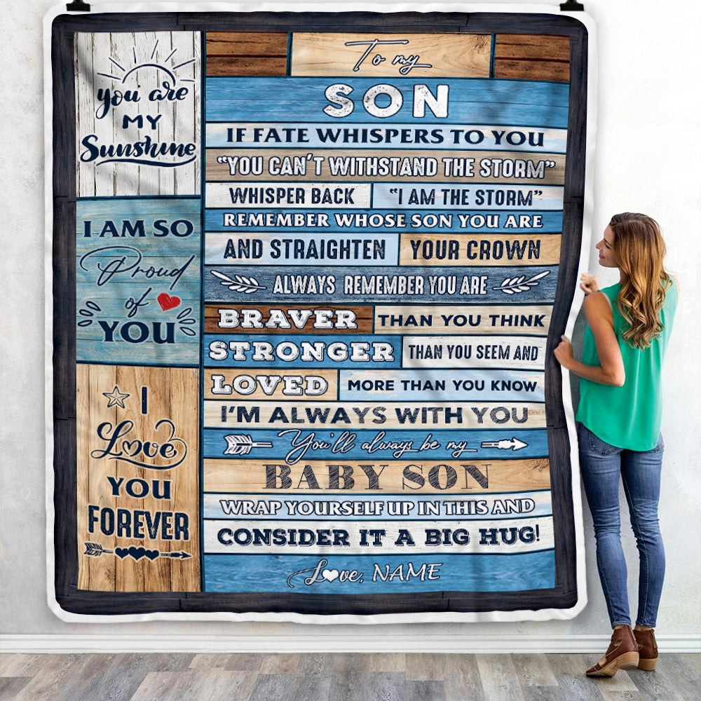 Personalized To My Son Blanket From Mom Dad Mother Wood I Am The Storm Son Birthday Graduation Christmas Customized Fleece Throw Blanket | siriusteestore