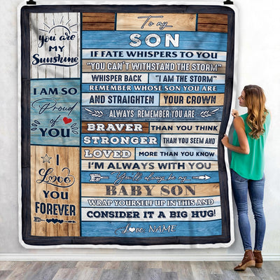 Personalized To My Son Blanket From Mom Dad Mother Wood I Am The Storm Son Birthday Graduation Christmas Customized Fleece Throw Blanket | siriusteestore