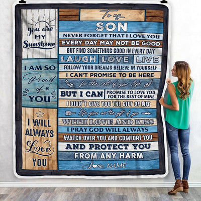 Personalized To My Son Blanket From Mom Dad Mother Wood You Are My Sunshine I Love You Son Birthday Graduation Christmas Customized Bed Fleece Throw Blanket | siriusteestore