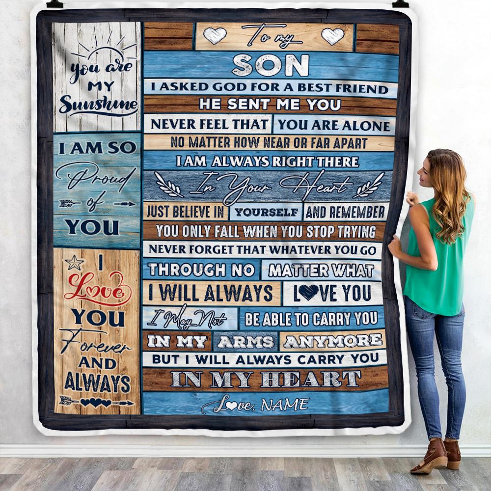 Personalized To My Son Blanket From Mom Dad Wood I Asked God For A Best Friend Son Birthday Christmas Customized Bed Fleece Throw Blanket | siriusteestore