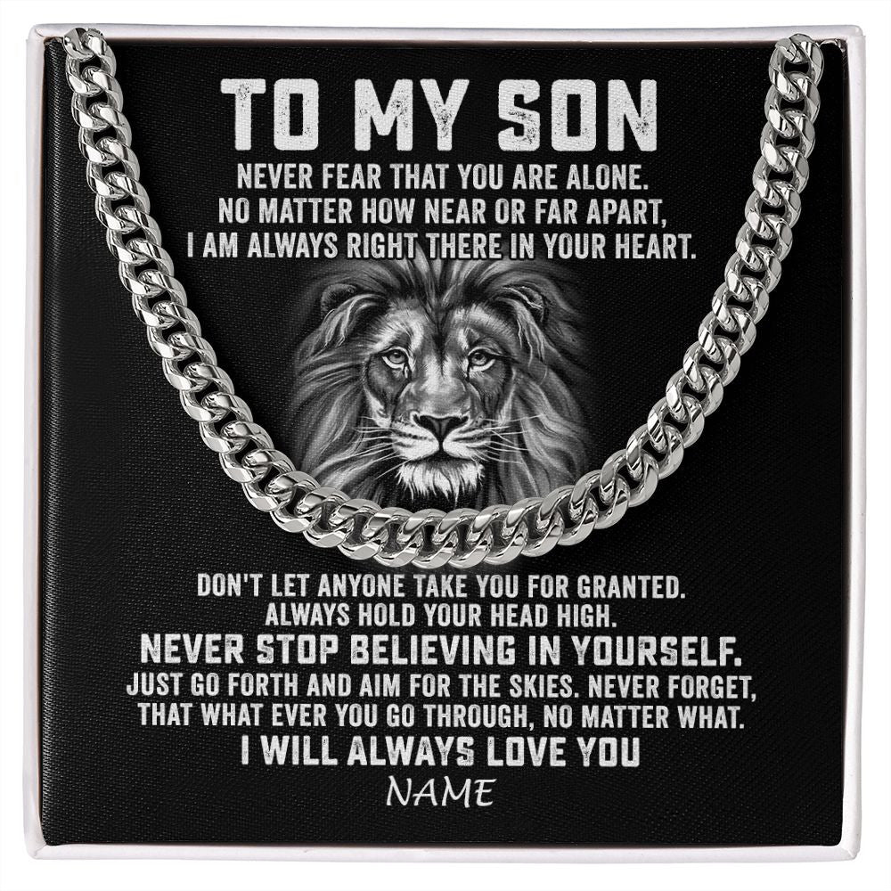 Cuban Link Chain Necklace | Personalized To My Son Cuban Necklace From Mom Dad Mother Father Never Fear That You Are Alone Lion Son Birthday Christmas Customized Gift Box Message Card | siriusteestore