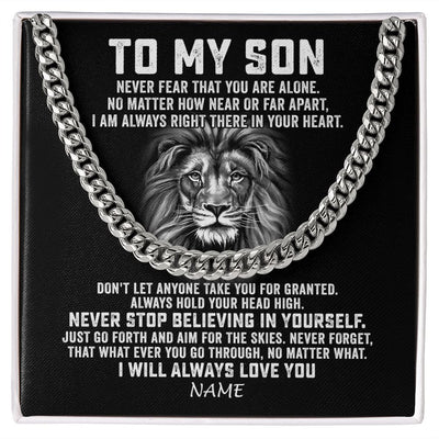 Cuban Link Chain Necklace | Personalized To My Son Cuban Necklace From Mom Dad Mother Father Never Fear That You Are Alone Lion Son Birthday Christmas Customized Gift Box Message Card | siriusteestore