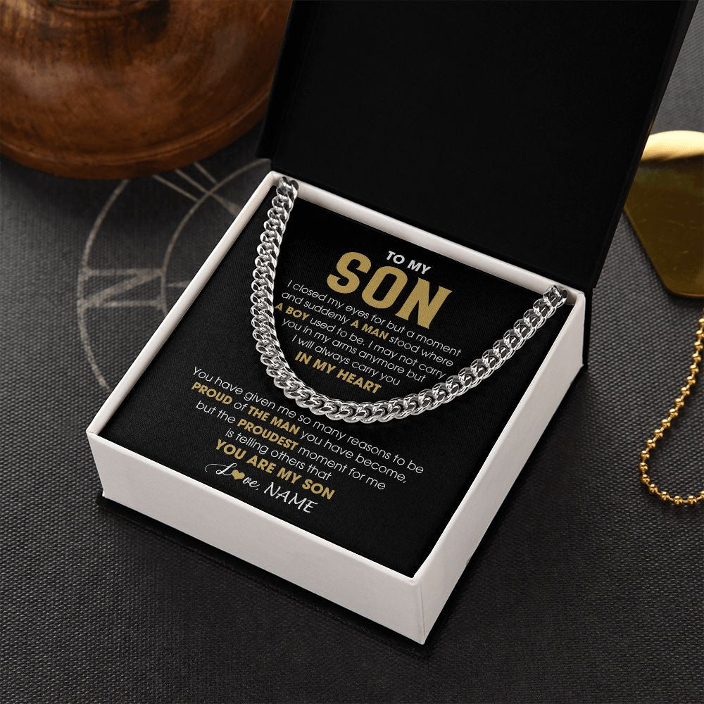 Cuban Link Chain Necklace | Personalized To My Son Cuban Necklace From Mom Dad Mother Father Proud Of The Man Son Birthday Graduation Christmas Customized Gift Box Message Card | siriusteestore