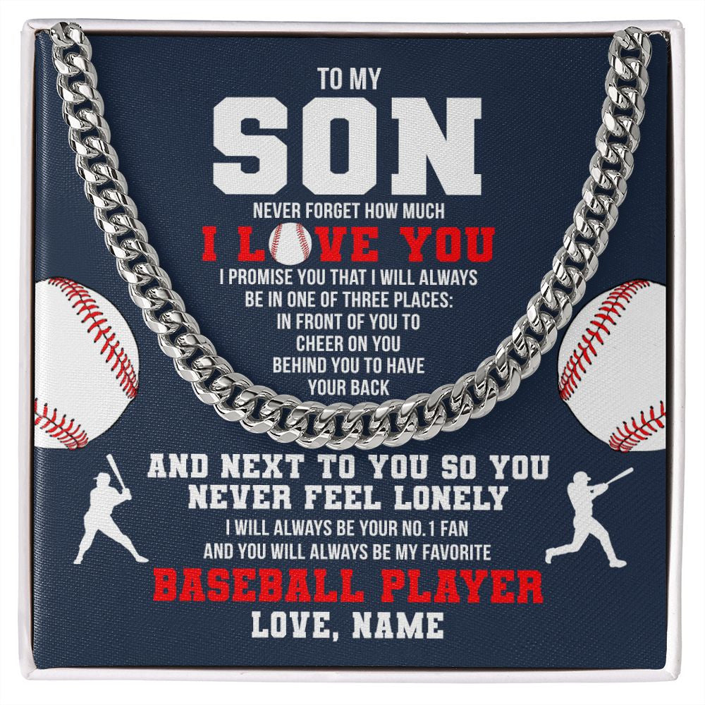 Cuban Link Chain Necklace | Personalized To My Son Necklace From Mom Dad Mother Father Never Forget I Love You Baseball Son Birthday Christmas Customized Gift Box Message Card | siriusteestore