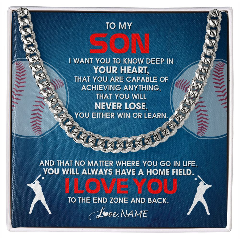 Cuban Link Chain Necklace | Personalized To My Son Necklace From Mom Dad Mother Father Never Lose Baseball Son Birthday Graduation Christmas Customized Gift Box Message Card | siriusteestore