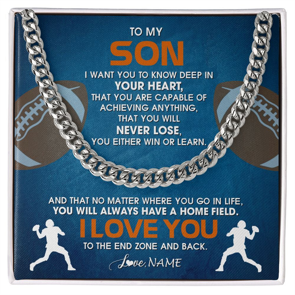 Cuban Link Chain Necklace | Personalized To My Son Necklace From Mom Dad Mother Father Never Lose Football Son Birthday Graduation Christmas Customized Gift Box Message Card | siriusteestore