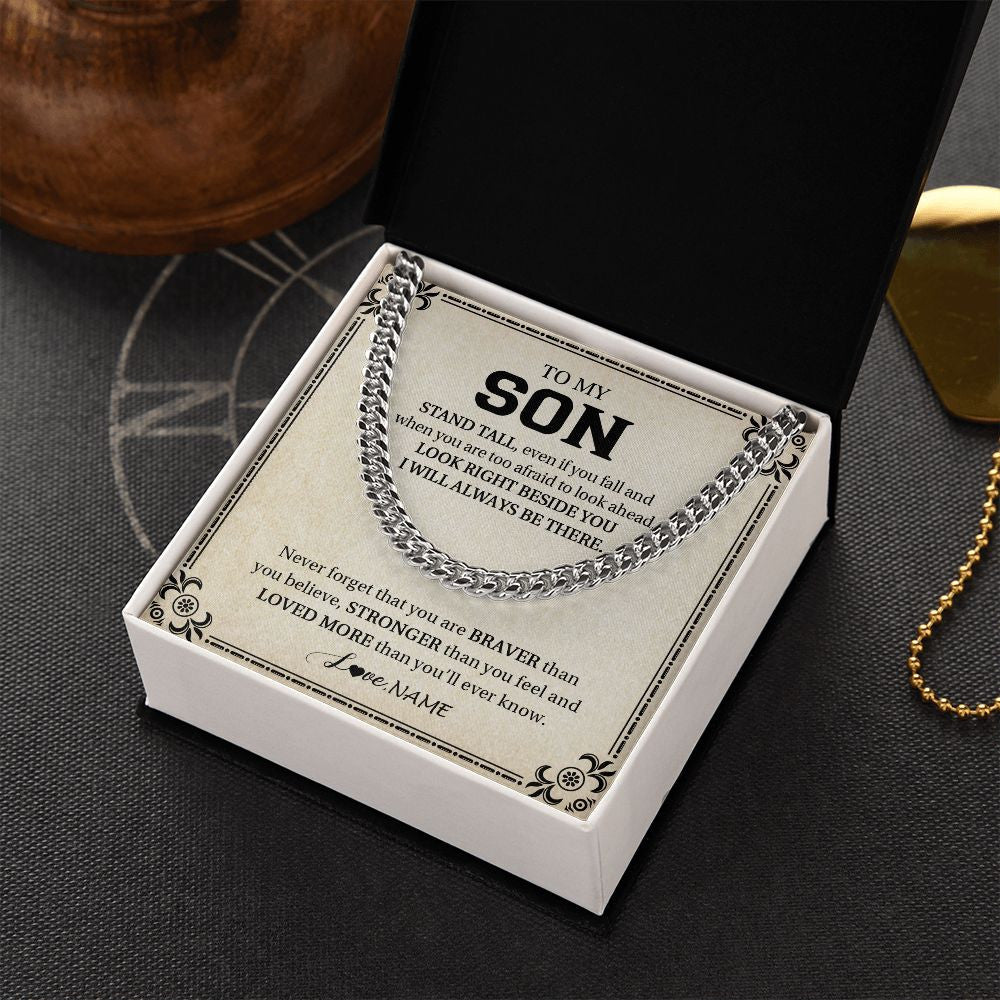 Cuban Link Chain Necklace | Personalized To My Son Necklace From Mom Dad Mother Never Forget That You Are Braver Son Birthday Graduation Christmas Customized Gift Box Message Card | siriusteestore