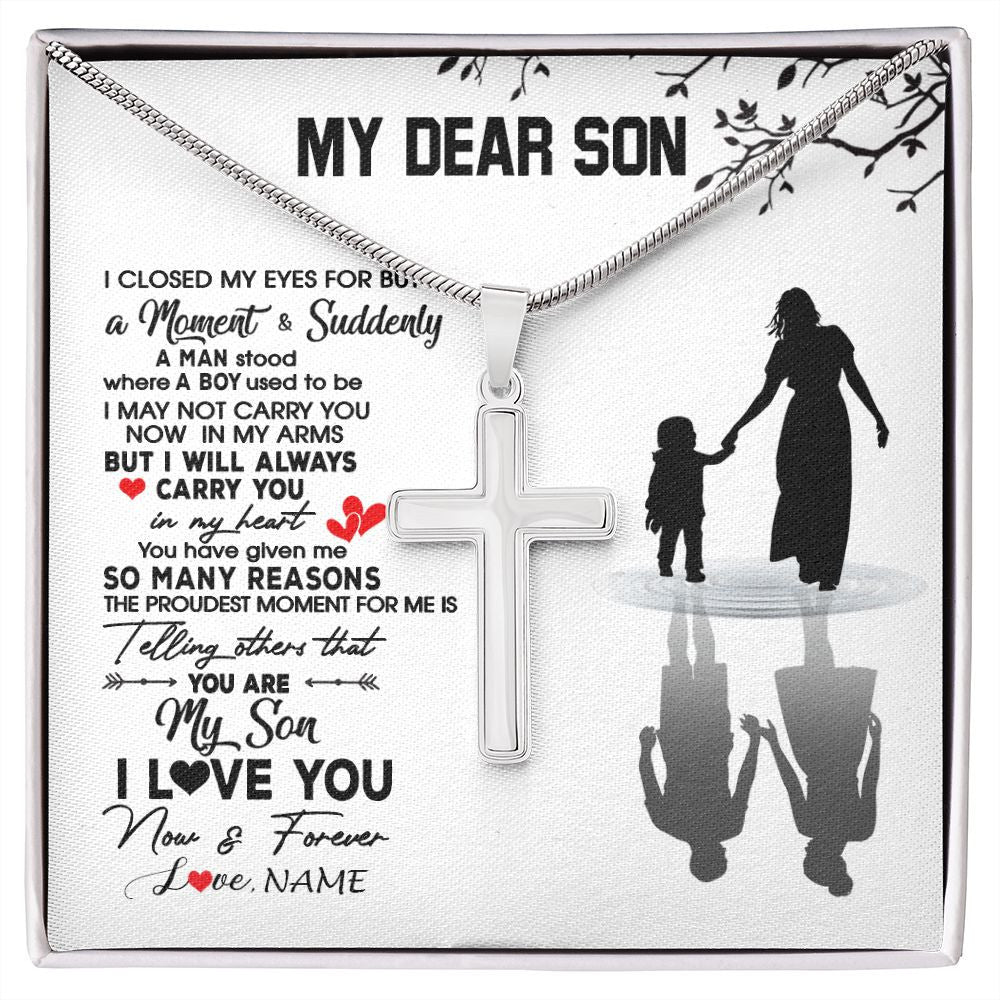 Stainless Cross Necklace | Personalized To My Son Necklace From Mom Mother I Love You Letters For Him Son Birthday Graduation Christmas Customized Gift Box Message Card | siriusteestore