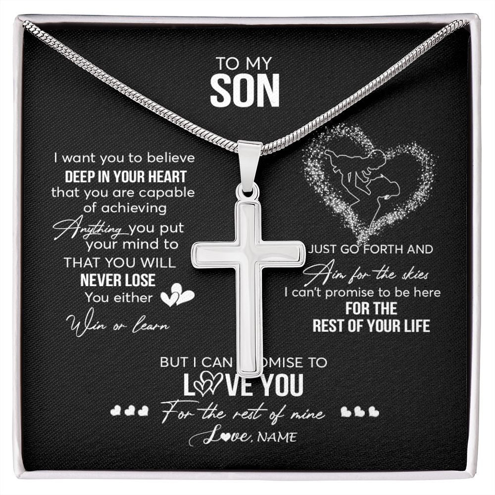 Stainless Cross Necklace | Personalized To My Son Necklace From Mom Mother Promise To Love You Son Birthday Graduation Christmas Pendant Customized Gift Box Message Card | siriusteestore