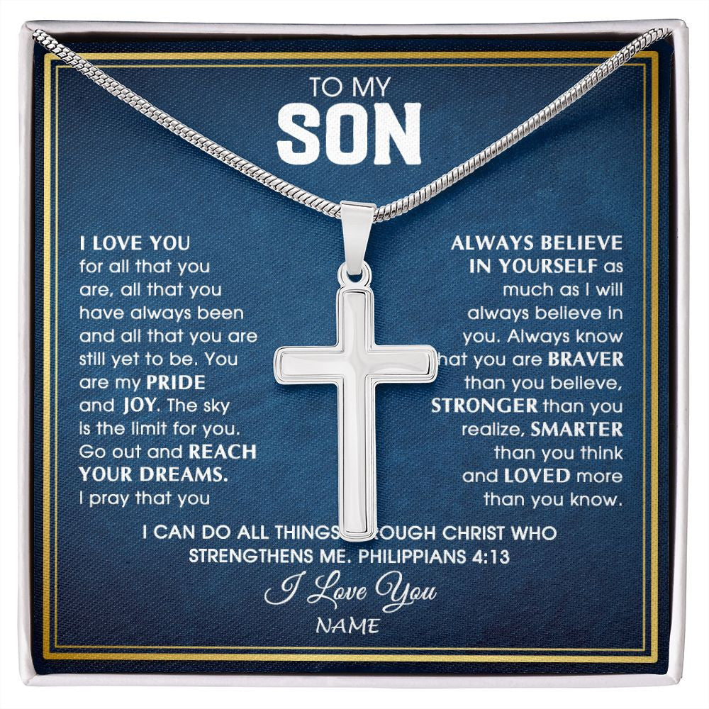 Stainless Cross Necklace | Personalized To My Son Necklace from Mom Dad Father I Love You For All That You Are Son Birthday Graduation Christmas Jewelry Customized Gift Box Message Card | siriusteestore