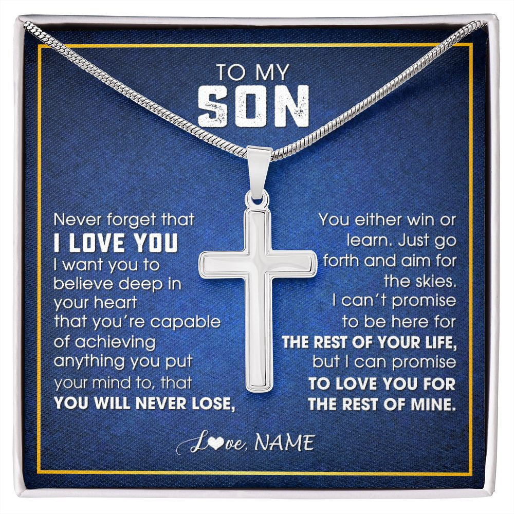Stainless Cross Necklace | Personalized To My Son Necklace from Mom Dad Father Never Forget That I Love You Son Birthday Graduation Christmas Jewelry Customized Gift Box Message Card | siriusteestore