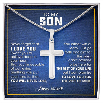 Stainless Cross Necklace | Personalized To My Son Necklace from Mom Dad Father Never Forget That I Love You Son Birthday Graduation Christmas Jewelry Customized Gift Box Message Card | siriusteestore