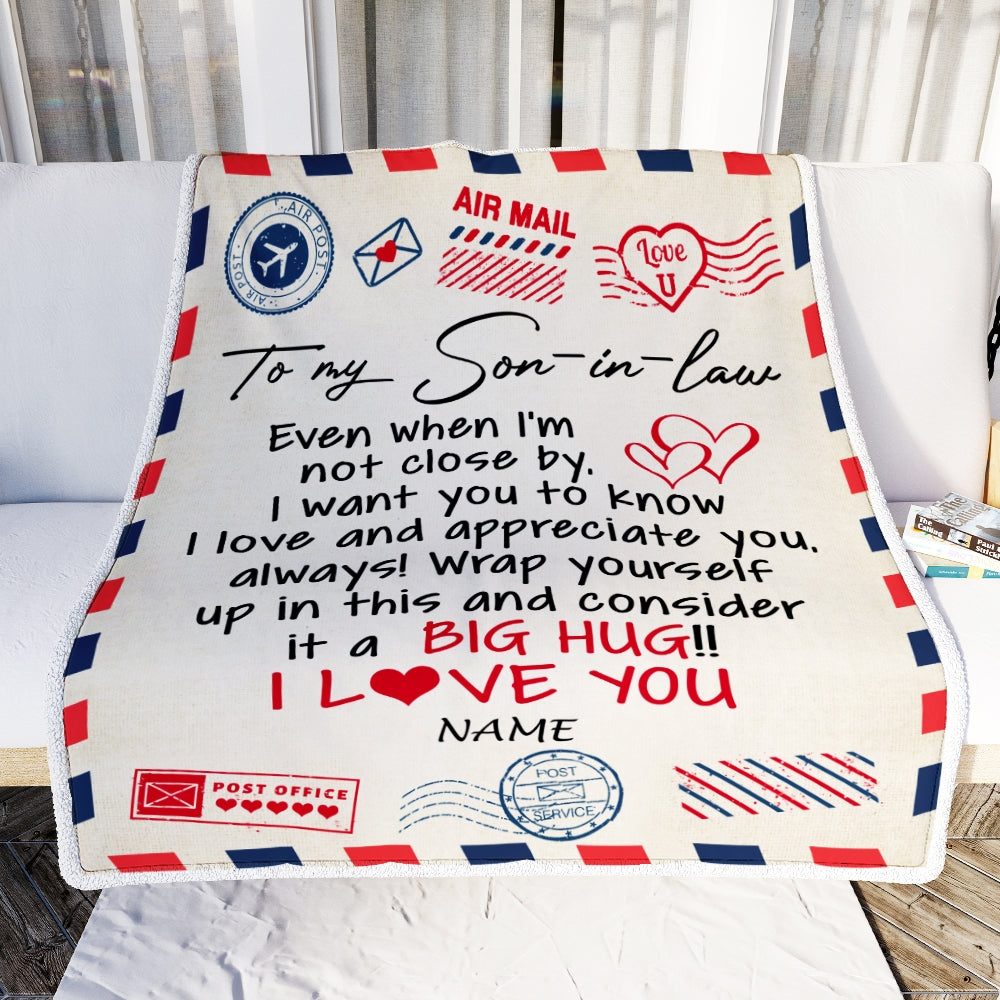 Personalized To My Son in law Blanket From Mother in law I Love You Hugs Air Mail Letter Birthday Son in law Thanksgiving Christmas Customized Fleece Blanket | siriusteestore