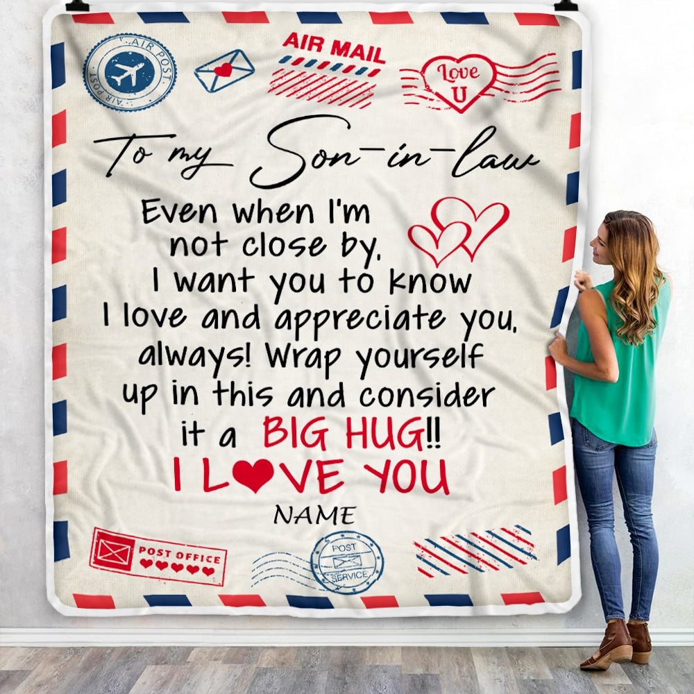 Personalized To My Son in law Blanket From Mother in law I Love You Hugs Air Mail Letter Birthday Son in law Thanksgiving Christmas Customized Fleece Blanket | siriusteestore