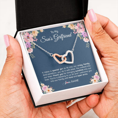 Interlocking Hearts Necklace | Personalized To My Son's Girlfriend Necklace From Mom It Takes A Special Girlfriend Birthday Wedding Valentines Day Christmas Customized Gift Box Message Card | siriusteestore