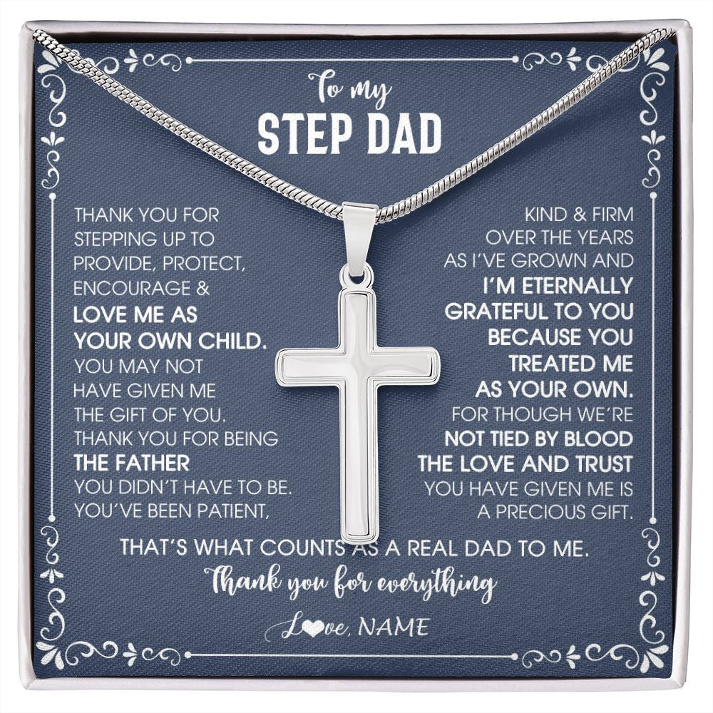 Stainless Cross Necklace | Personalized To My Step Dad Cross Necklace From Stepdaughter Thank You For Stepping Up Stepfahter Fathers Day Christmas Customized Gift Box Message Card | siriusteestore