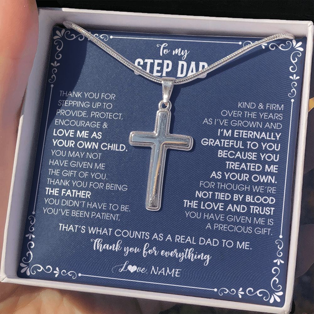 Stainless Cross Necklace | Personalized To My Step Dad Cross Necklace From Stepdaughter Thank You For Stepping Up Stepfahter Fathers Day Christmas Customized Gift Box Message Card | siriusteestore