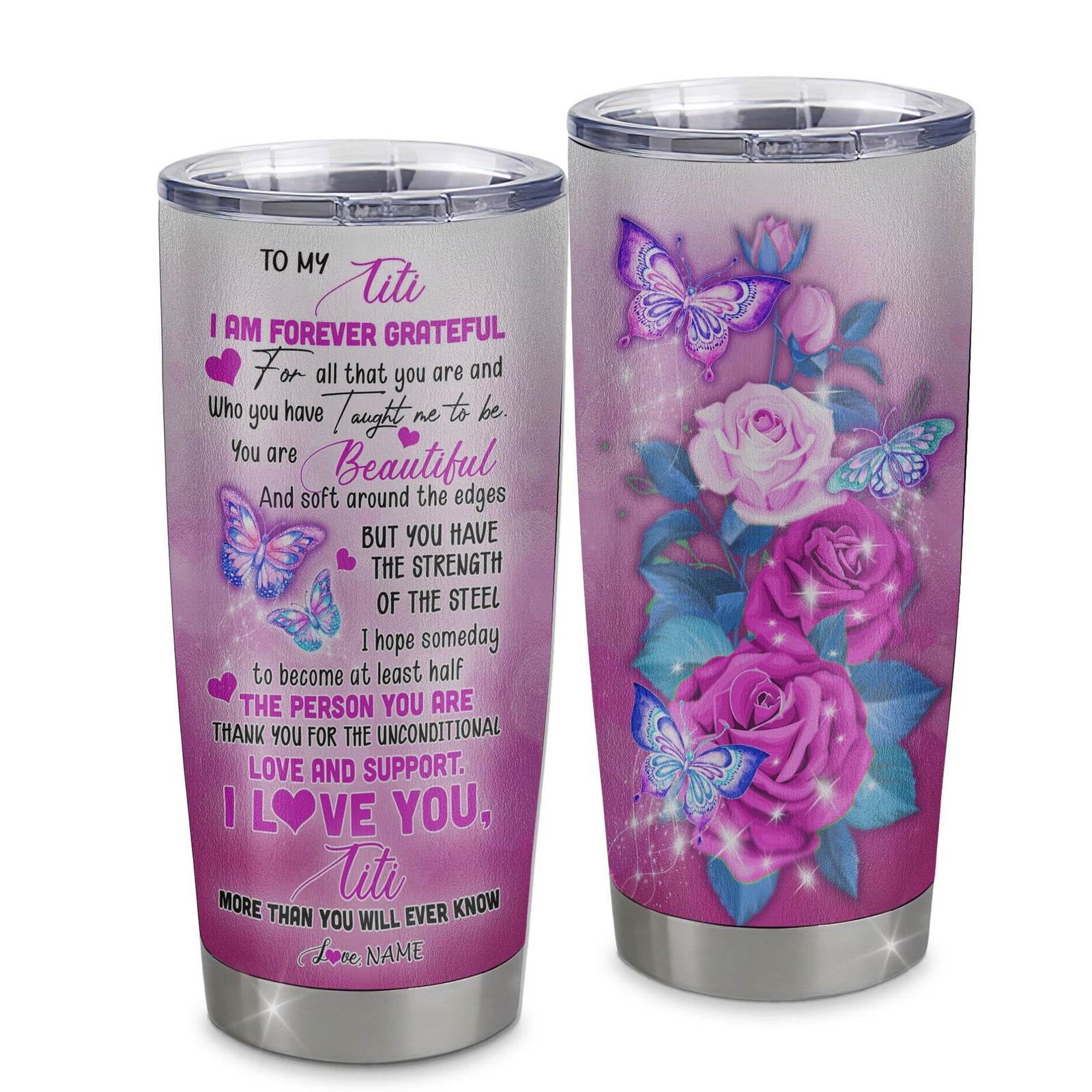 Personalized To My Titi From Niece Nephew Grandson Stainless Steel Tumbler Cup Butterfly I Am Forever GrateFul Titi Mothers Day Birthday Christmas Travel Mug | siriusteestore
