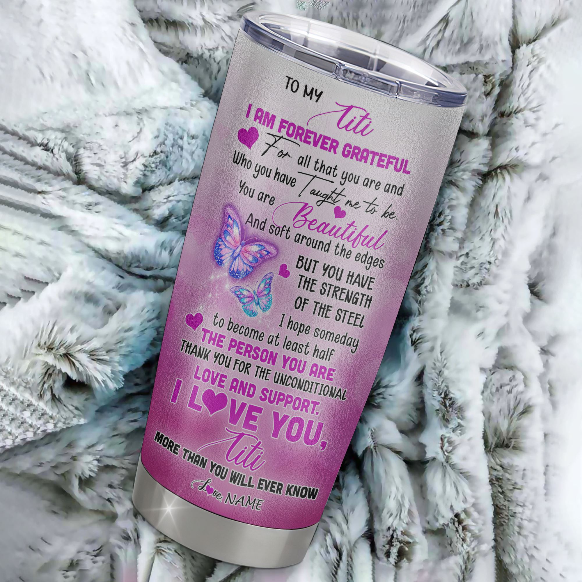 Personalized To My Titi From Niece Nephew Grandson Stainless Steel Tumbler Cup Butterfly I Am Forever GrateFul Titi Mothers Day Birthday Christmas Travel Mug | siriusteestore