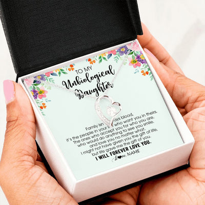 Forever Love Necklace | Personalized To My Unbiological Daughter Necklace Family Isn't Always Blood Bonus Daughter Stepdaughter Birthday Christmas Customized Gift Box Message Card | siriusteestore