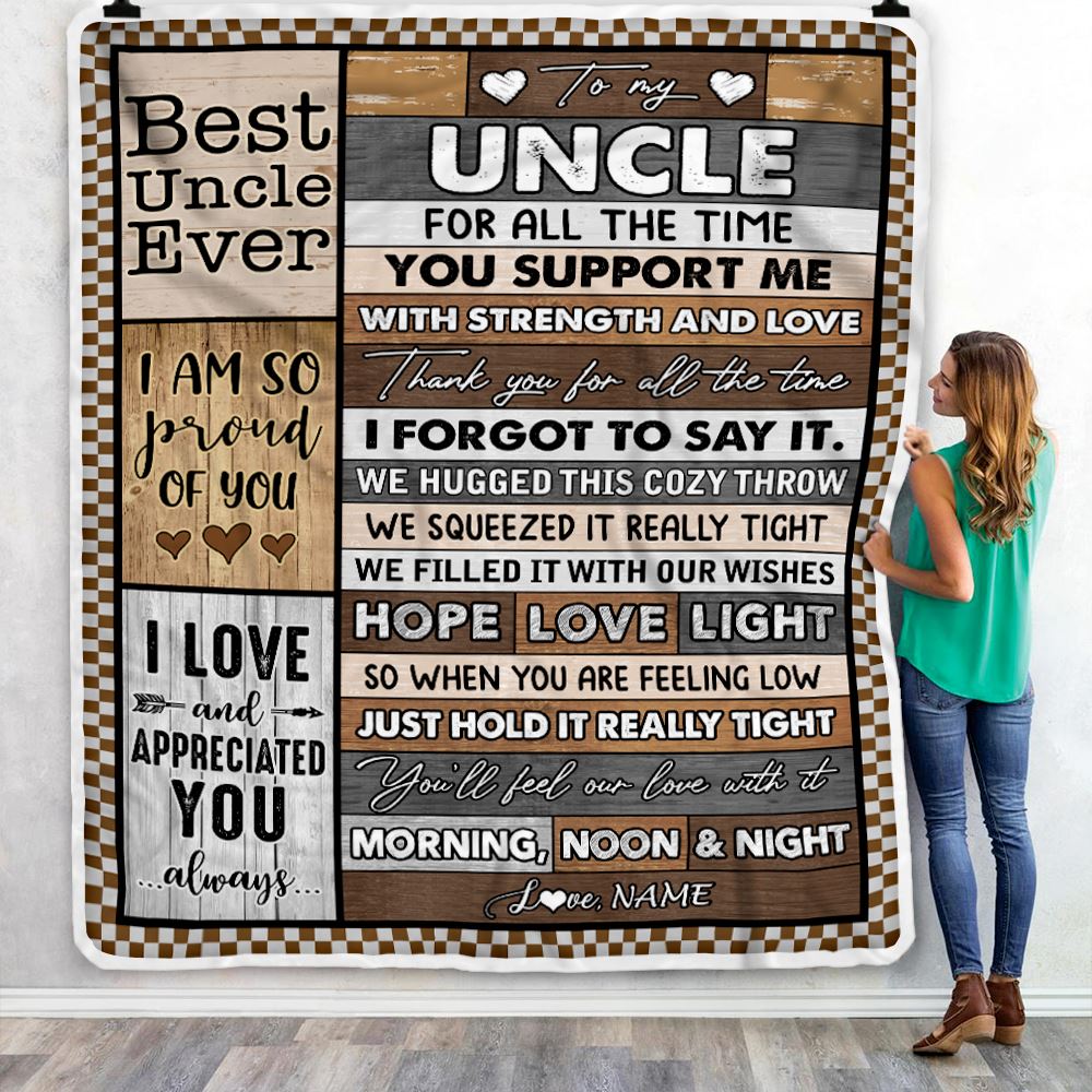 Personalized To My Uncle Blanket From Niece Nephew Wood Thank You For All The Time Uncle Birthday Fathers Day Christmas Customized Bed Fleece Throw Blanket | siriusteestore