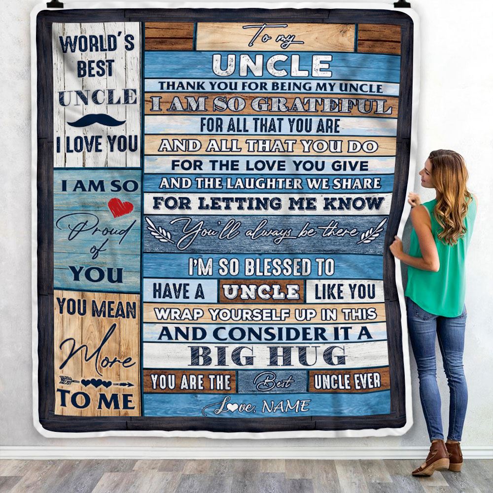 Personalized To My Uncle Blanket From Niece Nephew Wood Thank You For Being My Uncle Fathers Day Birthday Christmas Customized Bed Fleece Throw Blanket | siriusteestore