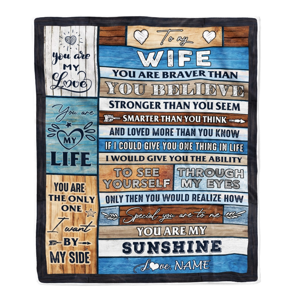Personalized To My Wife Blanket From Husband Wood You Are My Sunshine I Love You Wife Anniversary Valentines Day Wedding Christmas Fleece Throw Blanket | siriusteestore