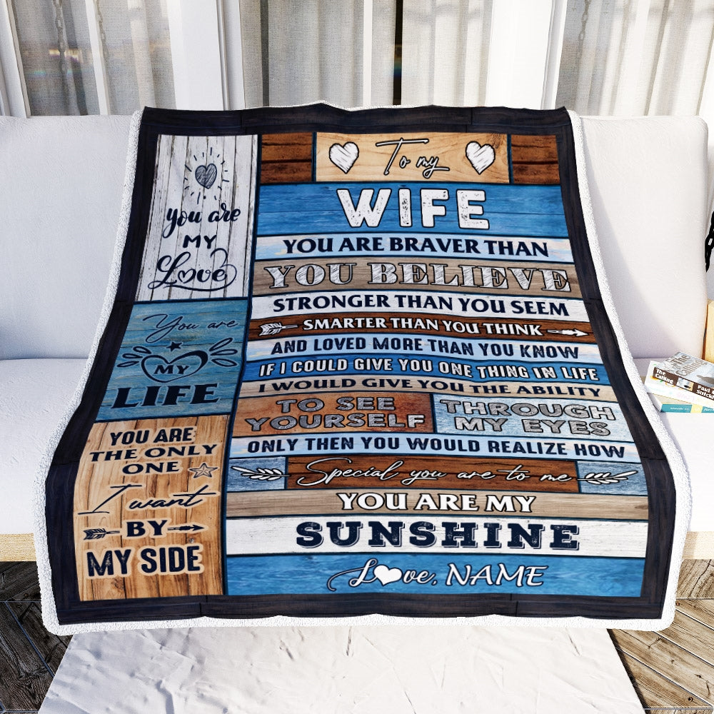 Personalized To My Wife Blanket From Husband Wood You Are My Sunshine I Love You Wife Anniversary Valentines Day Wedding Christmas Fleece Throw Blanket | siriusteestore