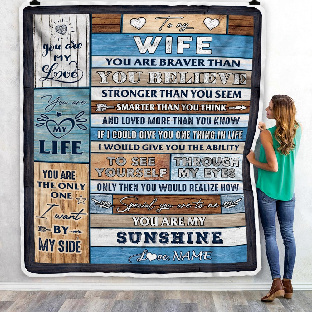 Personalized To My Wife Blanket From Husband Wood You Are My Sunshine I Love You Wife Anniversary Valentines Day Wedding Christmas Fleece Throw Blanket | siriusteestore