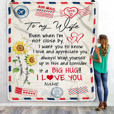 Personalized To My Wife Blanket Love Big Hug Air Mail Letter Sunflower Wife For Her Birthday Wedding Anniversary Valentines Day Fleece Throw Blanket | siriusteestore