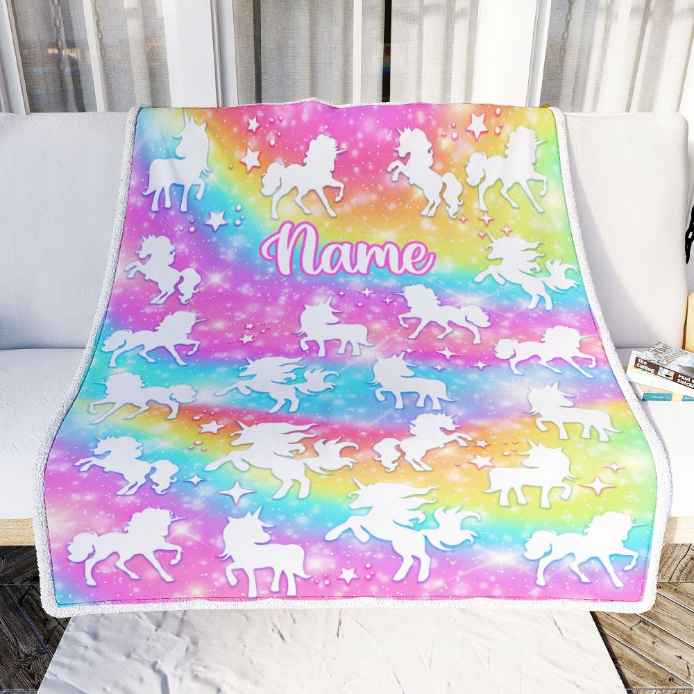 Personalized Unicorn Blanket For Girls Kids Custom Name Pink Rainbow Unicorns Daughter Granddaughter Niece Birthday Customized Bed Fleece Throw Blanket | siriusteestore