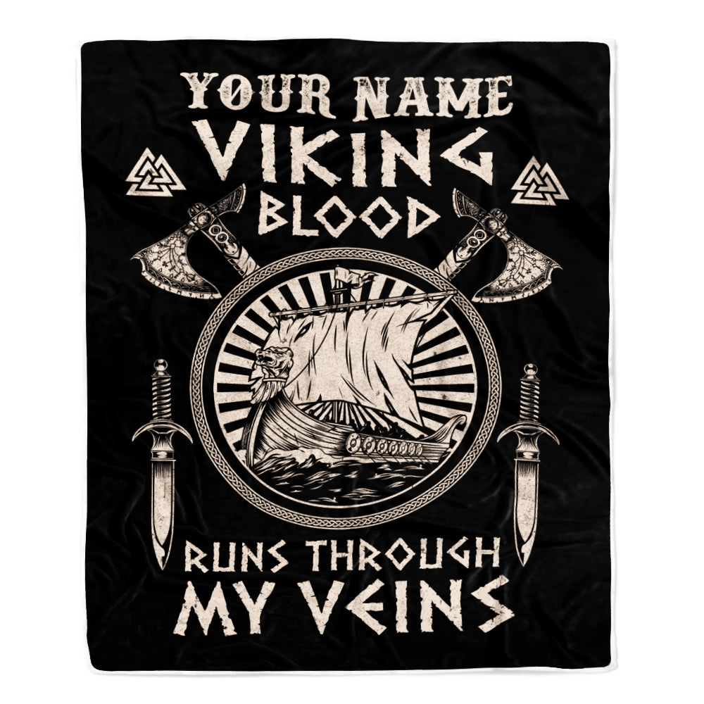 Personalized Viking Ship Blanket Viking Blood Runs Through My Veins Odin God Scandinavian Norse Mythology Runes Men Women Dad Birthday Fleece Throw Blanket | siriusteestore