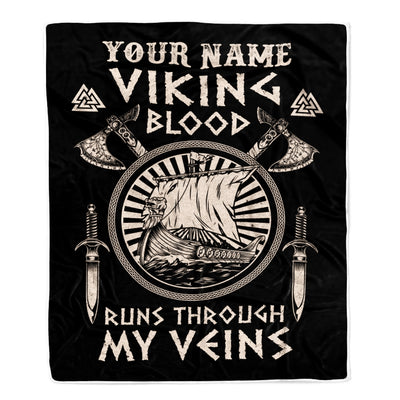 Personalized Viking Ship Blanket Viking Blood Runs Through My Veins Odin God Scandinavian Norse Mythology Runes Men Women Dad Birthday Fleece Throw Blanket | siriusteestore