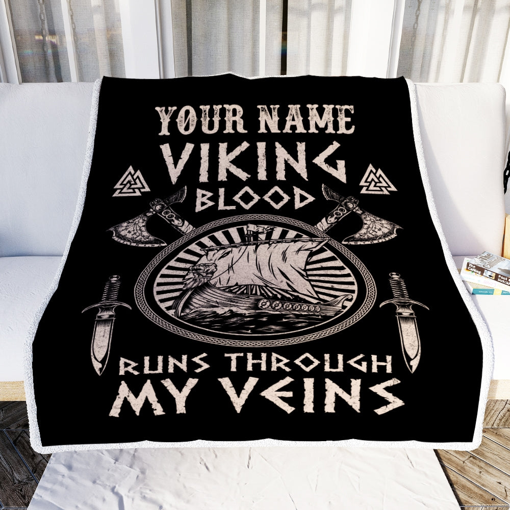 Personalized Viking Ship Blanket Viking Blood Runs Through My Veins Odin God Scandinavian Norse Mythology Runes Men Women Dad Birthday Fleece Throw Blanket | siriusteestore