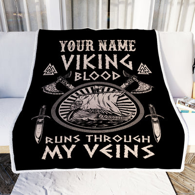 Personalized Viking Ship Blanket Viking Blood Runs Through My Veins Odin God Scandinavian Norse Mythology Runes Men Women Dad Birthday Fleece Throw Blanket | siriusteestore