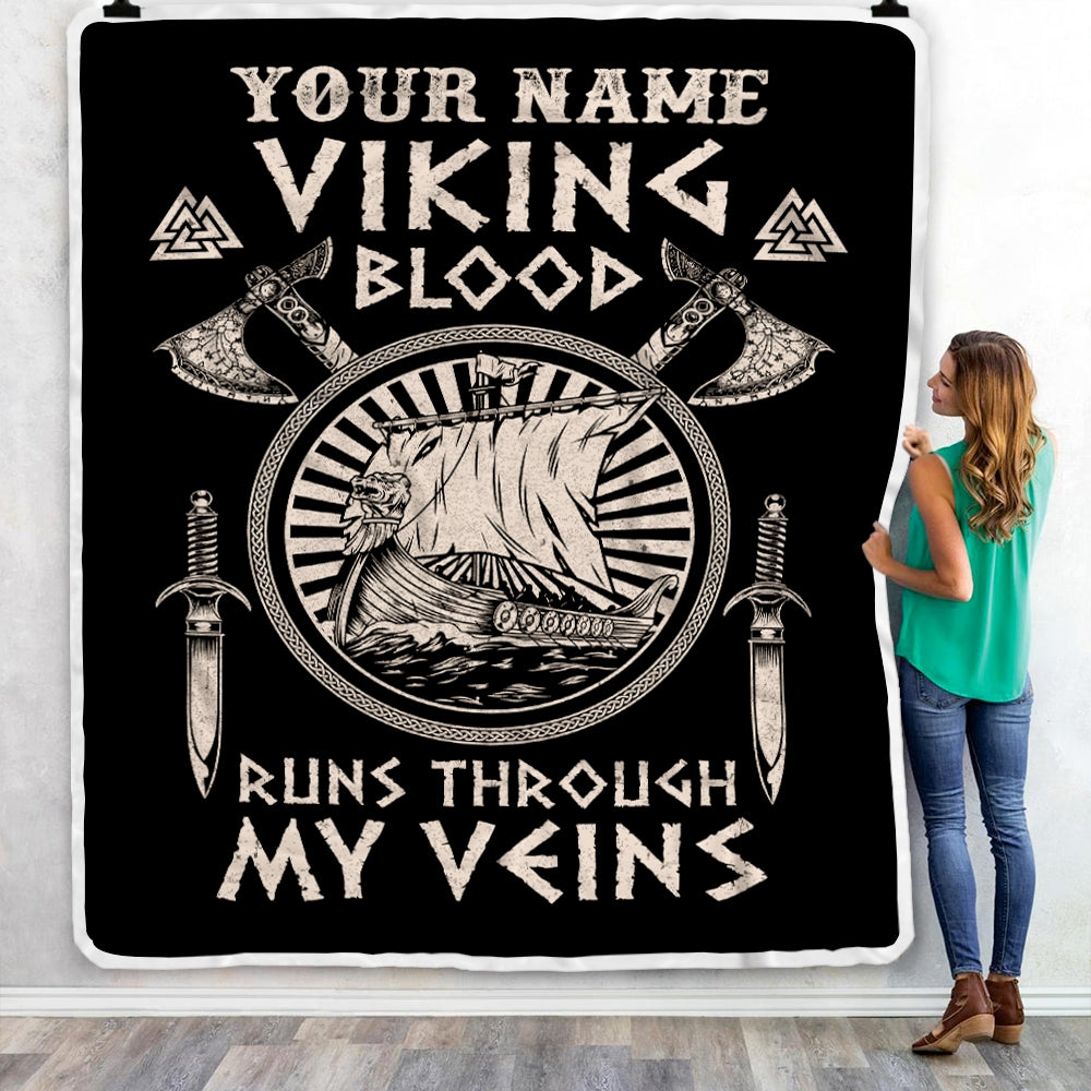 Personalized Viking Ship Blanket Viking Blood Runs Through My Veins Odin God Scandinavian Norse Mythology Runes Men Women Dad Birthday Fleece Throw Blanket | siriusteestore