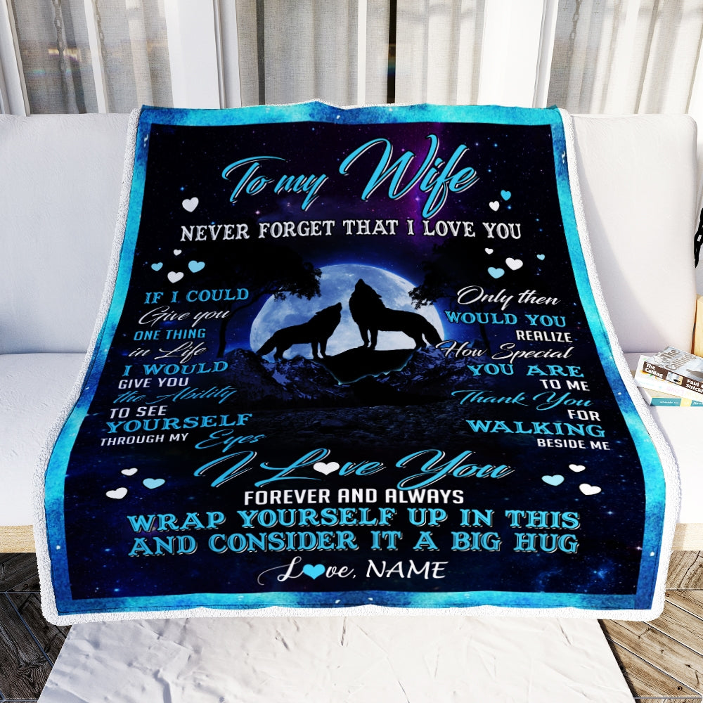 Personalized Wolf to My Wife Blanket from Husband Never Forget That I Love You for Wife Birthday Mothers Day Christmas Customized Fleece Blanket | siriusteestore