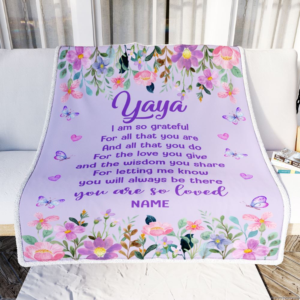 Personalized Yaya Blanket From Granddaughter Grandson Floral Butterfly Love You Give Yaya Mothers Day Birthday Christmas Customized Bed Fleece Blanket | siriusteestore