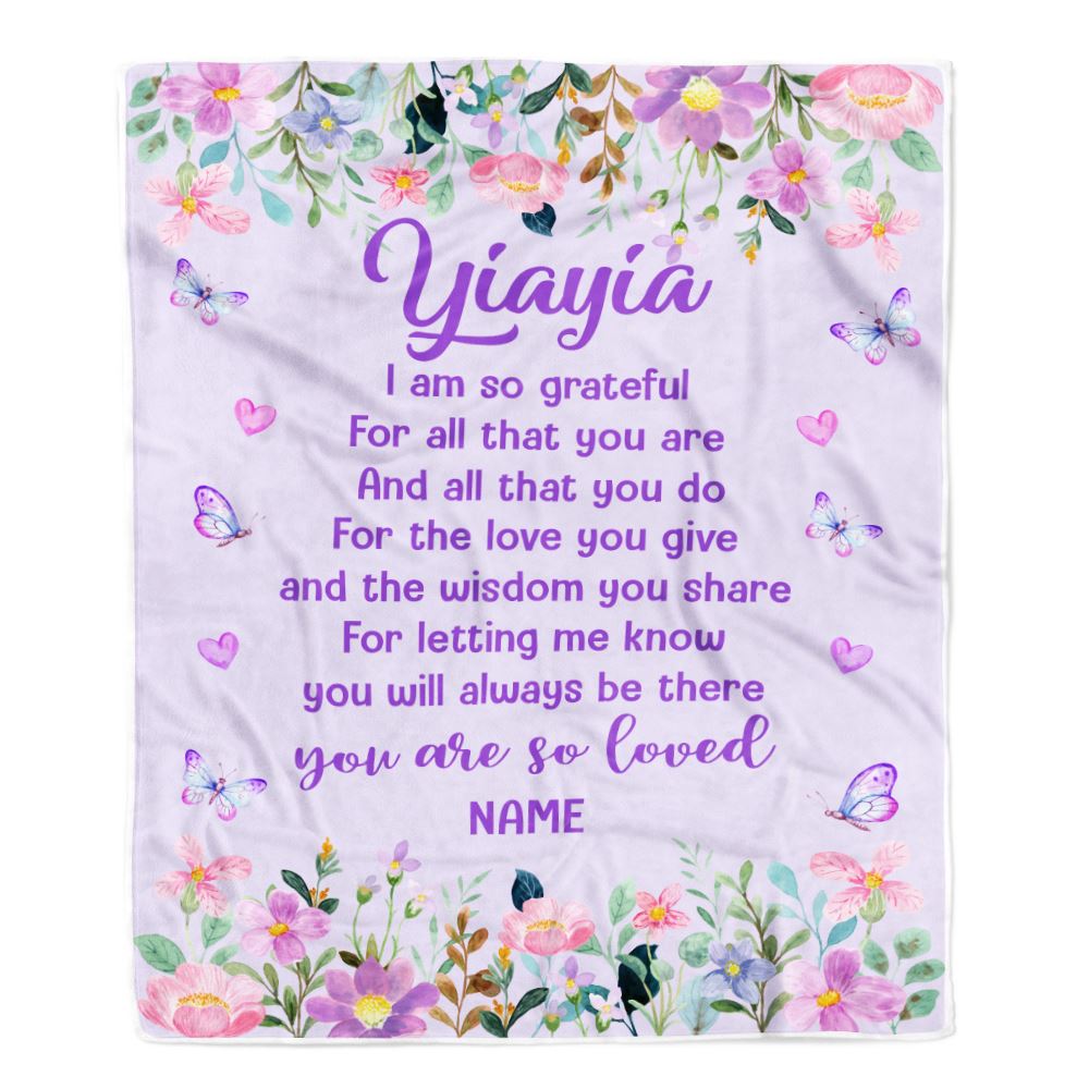 Personalized Yiayia Blanket From Granddaughter Grandson Floral Butterfly Love You Give Yiayia Mothers Day Birthday Christmas Customized Bed Fleece Blanket | siriusteestore