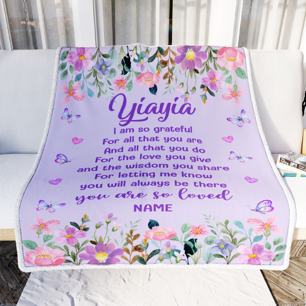 Personalized Yiayia Blanket From Granddaughter Grandson Floral Butterfly Love You Give Yiayia Mothers Day Birthday Christmas Customized Bed Fleece Blanket | siriusteestore