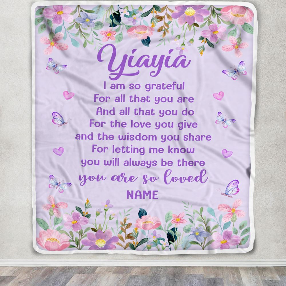 Personalized Yiayia Blanket From Granddaughter Grandson Floral Butterfly Love You Give Yiayia Mothers Day Birthday Christmas Customized Bed Fleece Blanket | siriusteestore