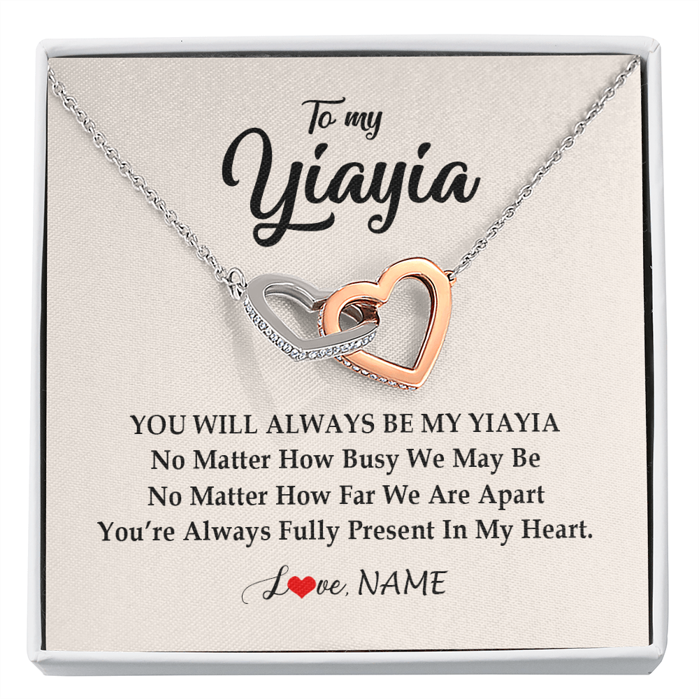 Interlocking Hearts Necklace | Personalized Yiayia Necklace From Grandkids Granddaughter Grandson You're Always In My Heart Yiayia Birthday Mothers Day Customized Gift Box Message Card | siriusteestore